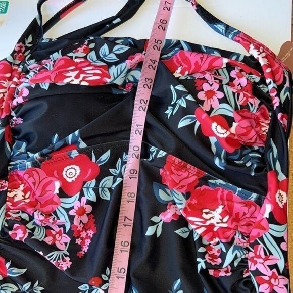Smismivo Womens One-Piece Swimsuit Floral Print Halter Neck XXL Black & Red Nylo - Picture 11 of 11